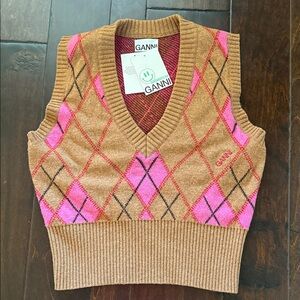 Ganni V-Neck Argyle Sweater Vest - Pink and Tan